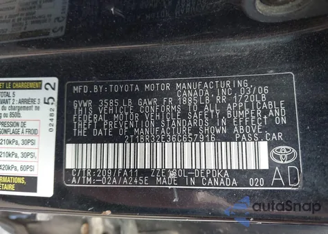 2006 Toyota Corolla Ce из США, поврежденный, VIN 2T1BR32E36C657916